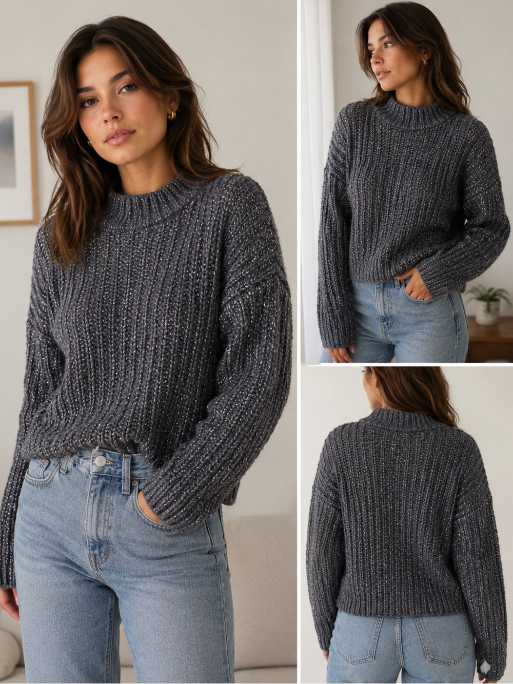 Express Gray Metallic Chunky Knit Mock Neck Sweater Size S